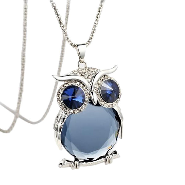 Elegant Blue Rhinestone Owl Pendant Necklace 