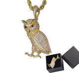 Hip Hop Animal Necklace Copper Golden Iced Out Micro Pave CZ Stone Owl Pendant Necklaces 24" Stainless Steel Rope Chain 
