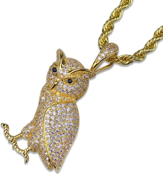 Hip Hop Animal Necklace Copper Golden Iced Out Micro Pave CZ Stone Owl Pendant Necklaces 24" Stainless Steel Rope Chain 