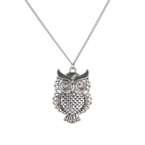 Vintage Vivid Carved Owl Antique Silver Necklace for Women 