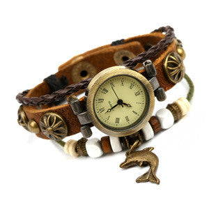 Vintage Style Leather Adjustable Dolphin Charm Watch 