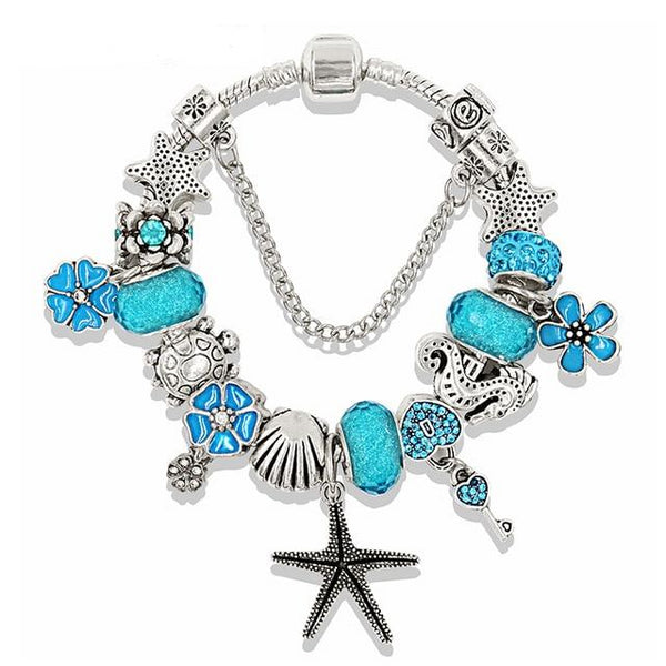 Blue Ocean Style Heart Flower Charm Pandora Bracelets & Bangles - Perfect Gift For Her 