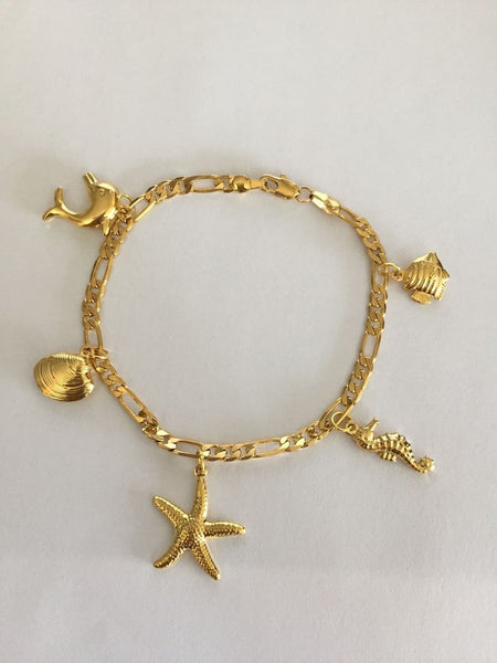 Gold Plated Dolphin Shell Seahorse Starfish Charm Bracelet 