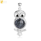 Cute Owl Round Ball Bead Natural Stones Pendant Necklace- Pink Quartz / Snowflake Stone Pendants for Women 