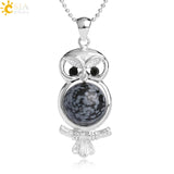 Cute Owl Round Ball Bead Natural Stones Pendant Necklace- Pink Quartz / Snowflake Stone Pendants for Women 