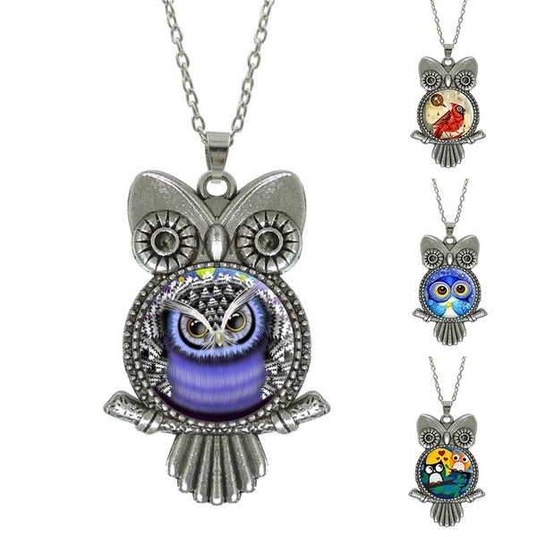 Glass Cabochon Owl Pictured Pendant Necklace - Jewelry Statement with Silver Link Chain - Perfect Gift 