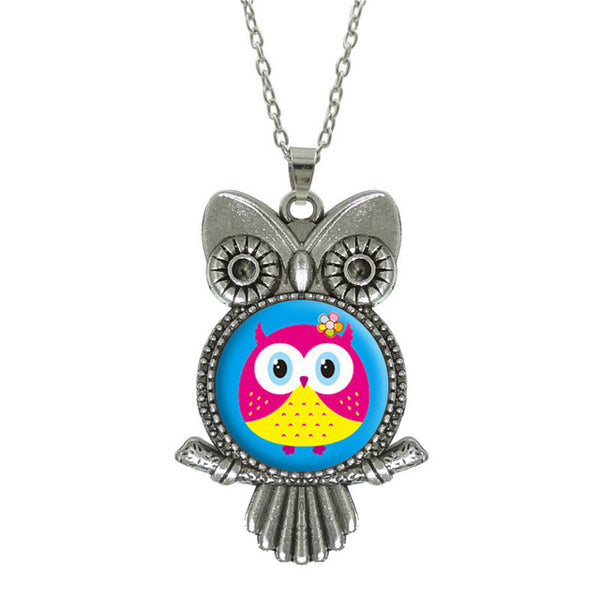 Glass Cabochon Owl Pictured Pendant Necklace - Jewelry Statement with Silver Link Chain - Perfect Gift 