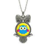 Glass Cabochon Owl Pictured Pendant Necklace - Jewelry Statement with Silver Link Chain - Perfect Gift 