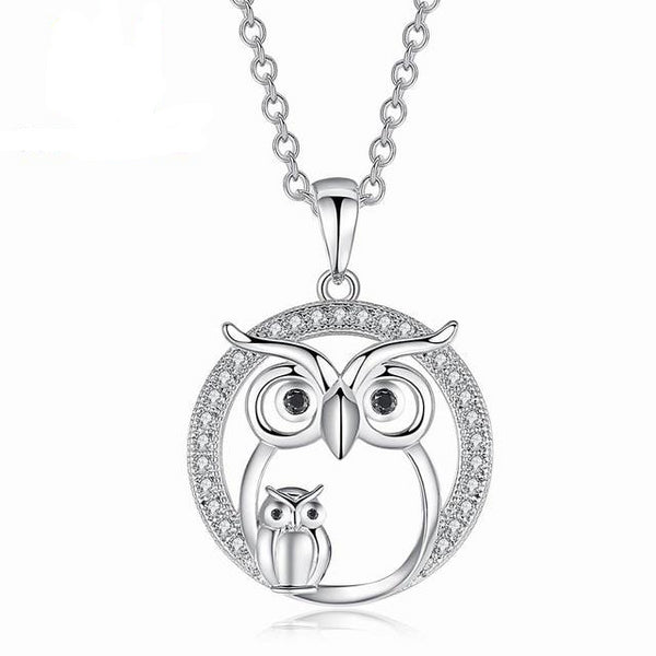 Cute Owl Mother and Baby Owls Round Pendant Necklace 